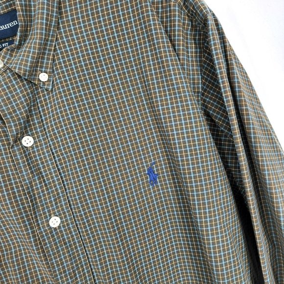 Ralph Lauren Button Down Shirt L Brown Blue Plaid Check Classic Fit 100% Cotton - Picture 5 of 11